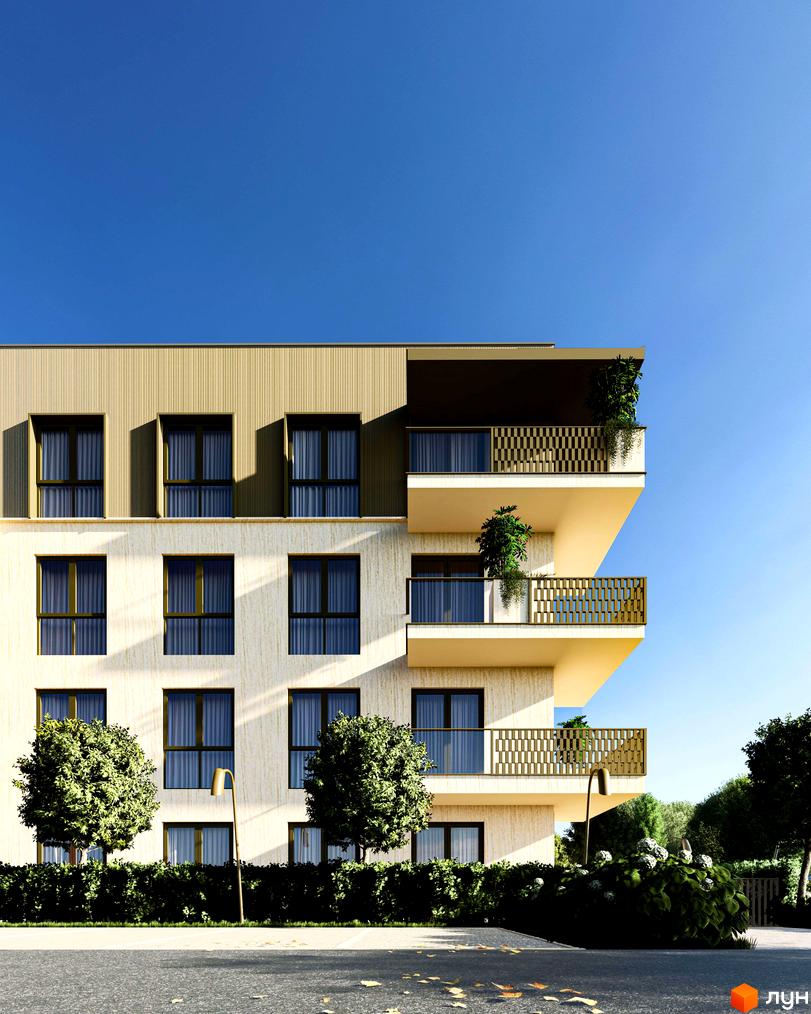 Новобудова Минай: будинок з комбінованим фасадом світлих відтінків, темними вікнами та балконами. Прибудинкова територія облаштована зеленими насадженнями та вуличними ліхтарями.