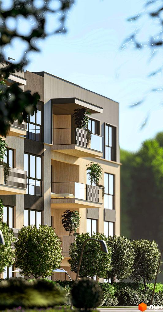 Багатоповерховий будинок Житловий комплекс Минай з балконами, скляними та металевими огорожами. Прибудинкова територія озеленена деревами та кущами.