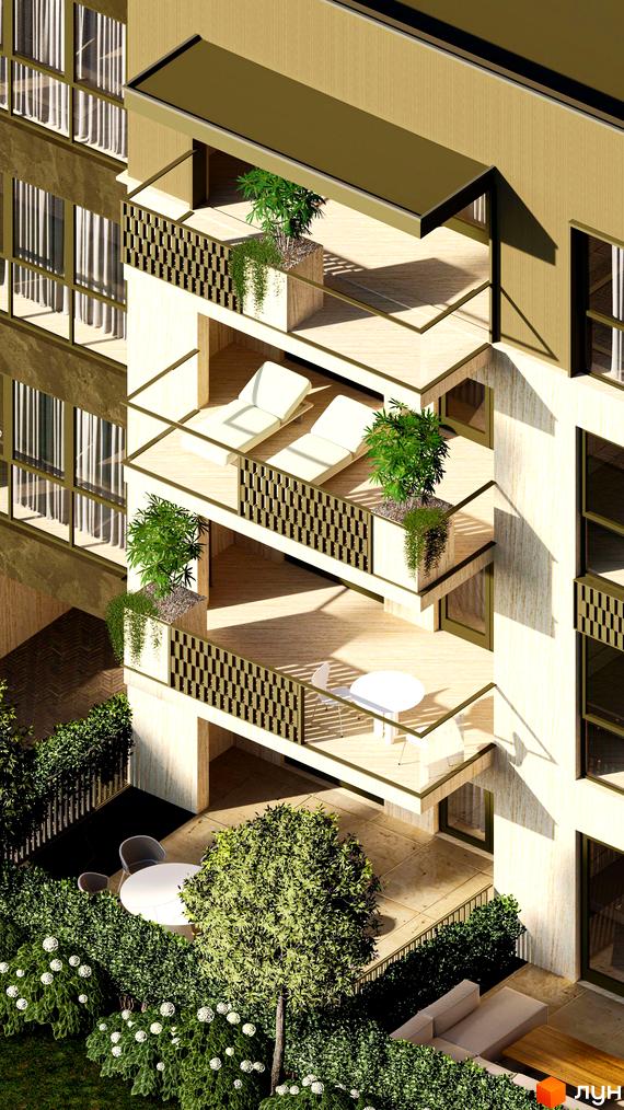 Житловий комплекс Минай: багатоповерховий будинок зі світлим фасадом та балконами з декоративними перилами. На терасах та прибудинковій території облаштовані зони відпочинку та озеленення.