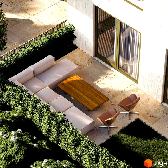 Житловий комплекс Минай: світлі стіни будинку та простора тераса з меблями для відпочинку, оточена зеленими кущами.