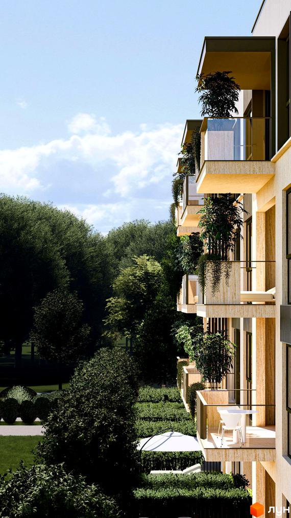 Будинок Житлового комплексу Минай з балконами, озелененими рослинами та скляними перилами. Прибудинкова територія оточена доглянутим парком.