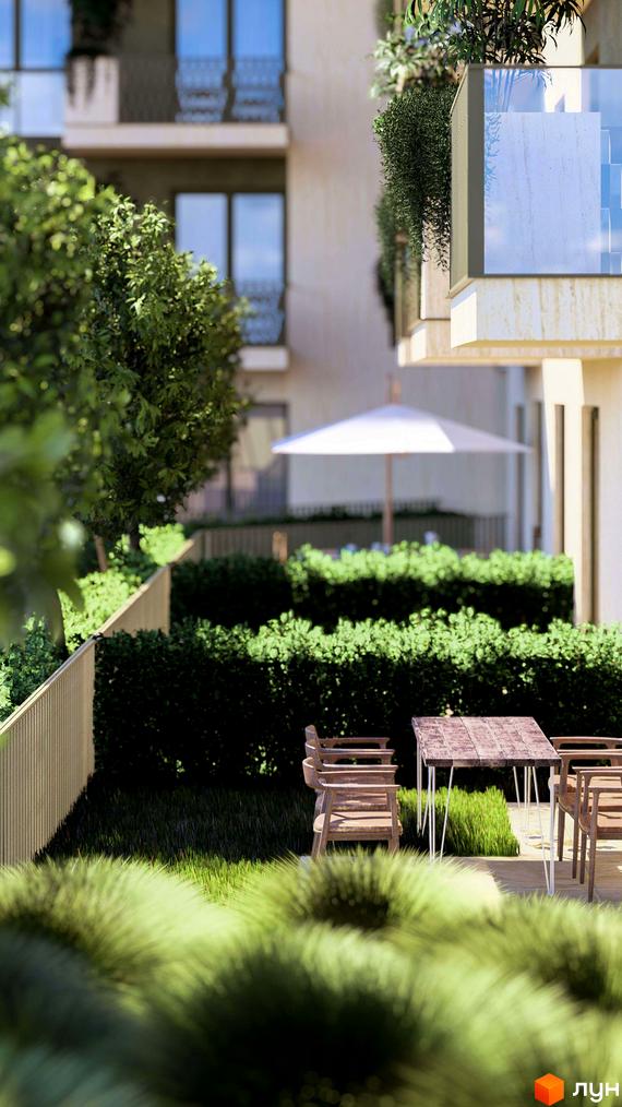 Житловий комплекс Минай: багатоквартирний будинок з балконами. Зелена прибудинкова територія з газоном, кущами та зоною відпочинку.