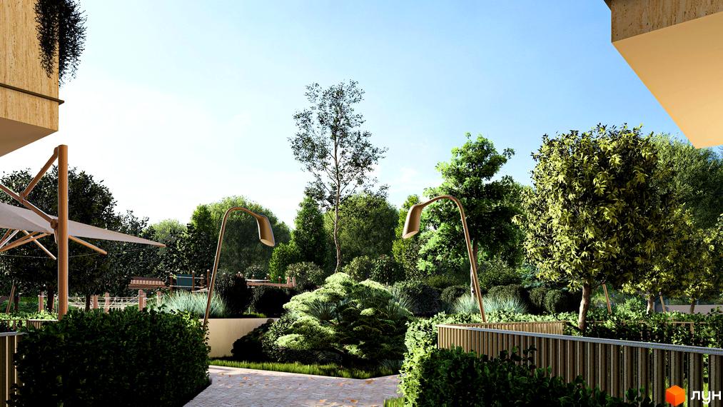 Зображення внутрішнього двору Житлового комплексу Минай з бежевими фасадами, пишною зеленню, вуличними ліхтарями та дитячим майданчиком.