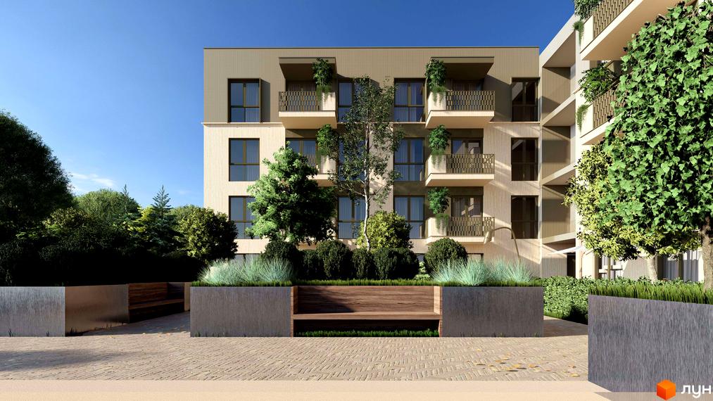 Житловий комплекс Минай: світлий фасад з балконами та рослинами, озеленена прибудинкова територія з лавками у вазонах.