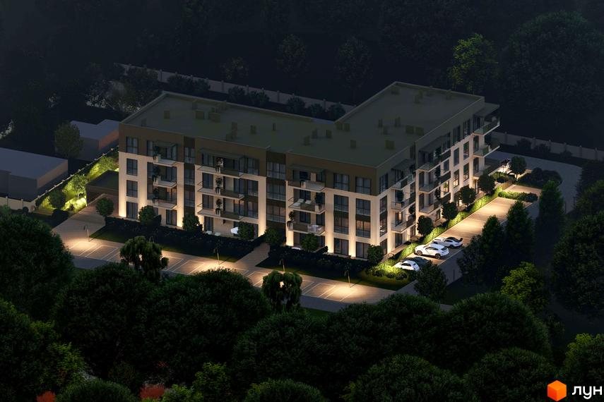 Житловий комплекс Минай: вигляд будинку вночі з підсвіченим фасадом, балконами та облаштованою прибудинковою територією з паркінгом.