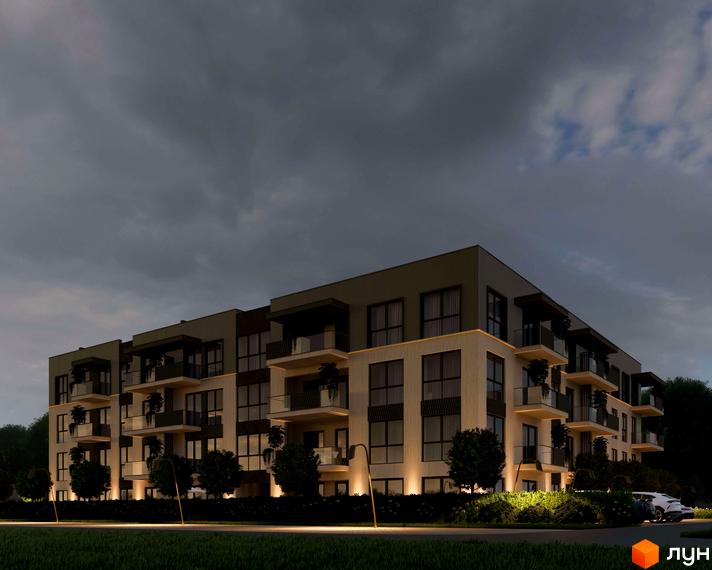 Житловий комплекс Минай: багатоповерховий будинок зі світлим та темним фасадом, балконами. Територія навколо з підсвічуванням, зеленими насадженнями та парковкою.