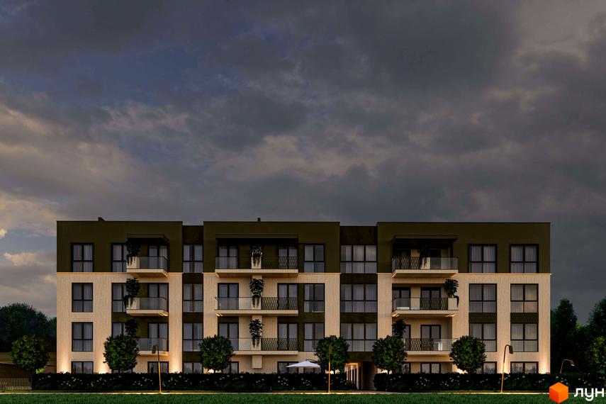 Житловий комплекс Минай з багатоповерховим будинком зі світлим фасадом та темними верхніми поверхами. Прибудинкова територія має зелений газон та дерева.