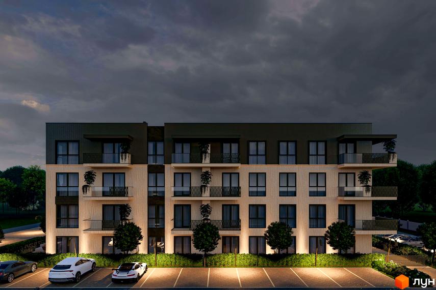 Житловий комплекс Минай: багатоповерховий будинок зі світлим фасадом, темним верхнім поверхом та балконами. Перед будинком розташована освітлена парковка.