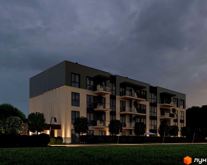 Будівля Новобудови Минай з двокольоровим фасадом та балконами з рослинами. Прибудинкова територія освітлена, з доріжками та зеленими насадженнями.