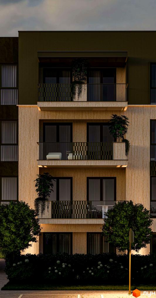 Фасад Житлового комплексу Минай зі світло-коричневою обробкою та балконами, прибудинкова територія озеленена деревами та кущами.