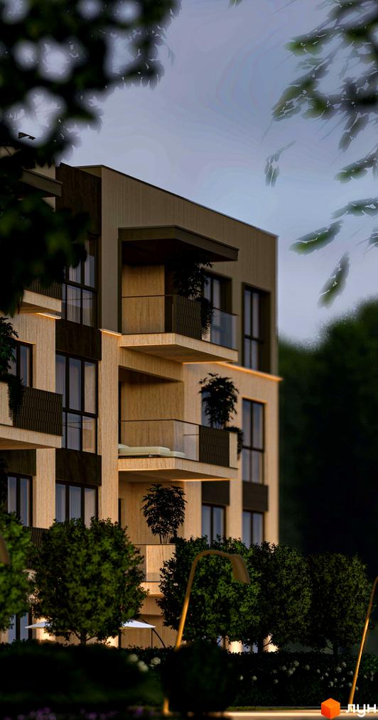Житловий комплекс Минай з багаторівневими балконами та світлим фасадом. Навколо будинку зелені насадження та освітлені доріжки.