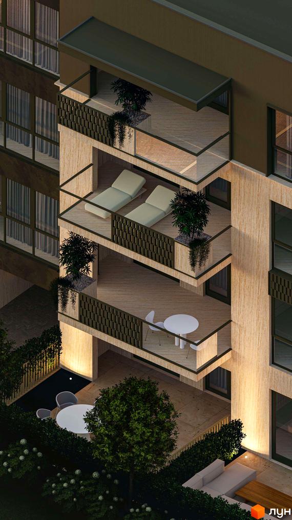 Новобудова Минай: багаторівневі тераси з меблями та рослинами. Облаштована прибудинкова територія з деревами та зонами відпочинку.