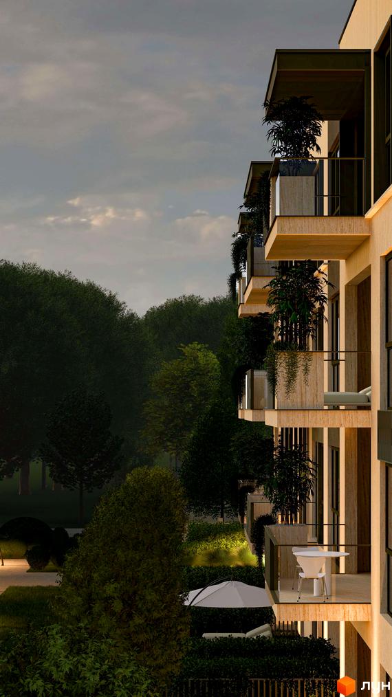 Багатоповерховий будинок Житлового комплексу Минай з балконами, прикрашеними рослинами. Навколо зелена територія з деревами та освітленням.