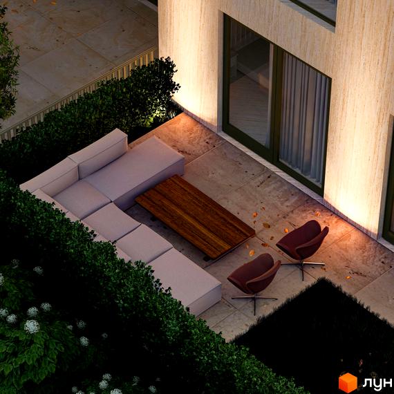 Житловий комплекс Минай: фасад будівлі світлого кольору з великими вікнами. Прибудинкова територія з патіо, вуличними меблями та зеленими насадженнями.