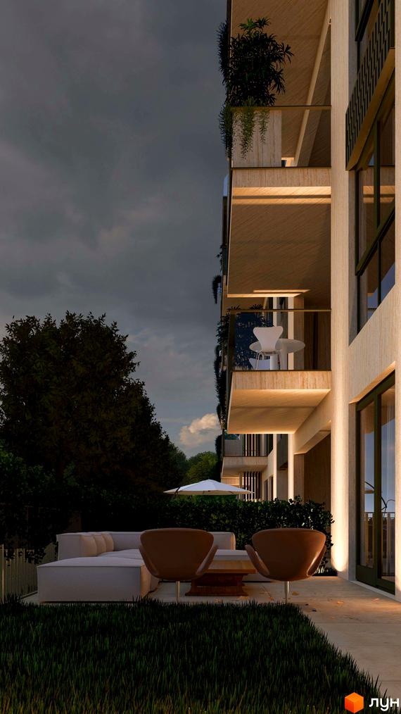 Житловий комплекс Минай: багаторівневий будинок зі світлим фасадом, озелененими балконами та підсвічуванням. Прибудинкова територія включає газон та зону відпочинку з меблями.