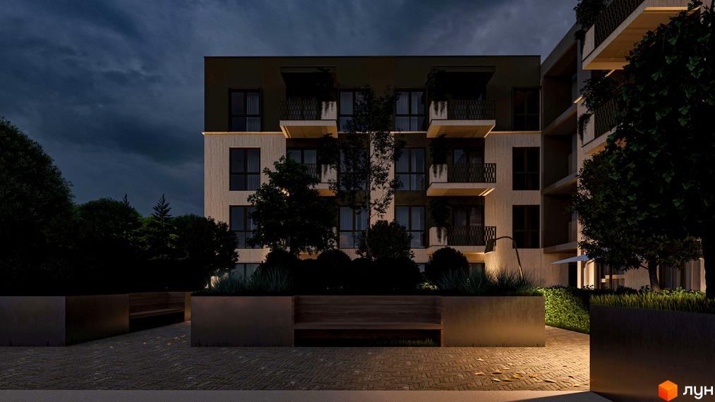 Житловий комплекс Минай: багатоповерхова будівля з балконами та озеленена прибудинкова територія з лавками.