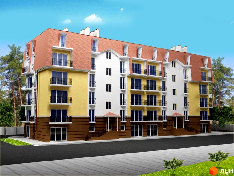 Зображення фасаду Житлового комплексу Рильського. Багатоповерховий будинок з балконами та червоним дахом, поруч дерева та дорога.