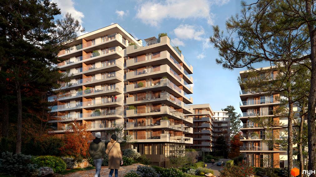 Житловий комплекс MARVEL Hill – це багатоповерхові будинки з балконами та скляними огорожами, оточені зеленою прибудинковою територією з деревами та доріжками.