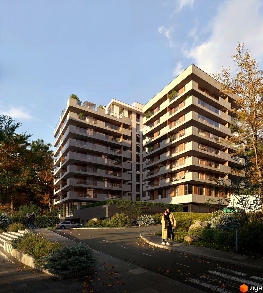 MARVEL Hill - житловий комплекс із балконами та терасами, з навколишньою зеленою зоною та дорогою.