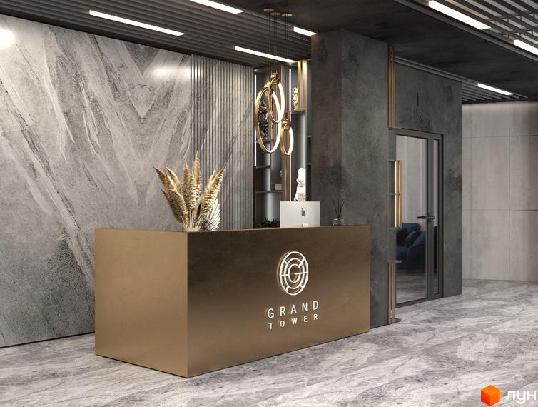 Вхідна група Житлового комплексу Grand Tower: просторий хол з рецепцією та оздобленням з мармуру.