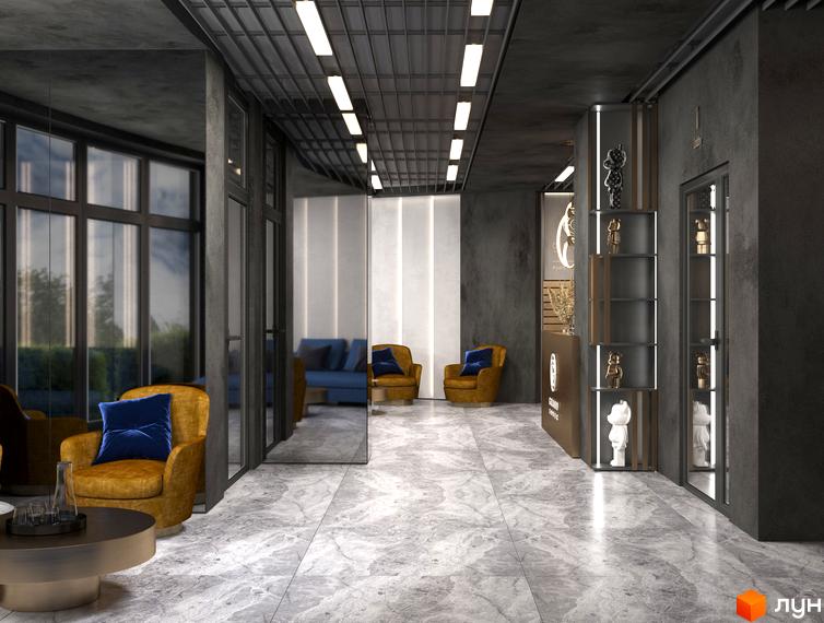 Інтер'єр лобі Житлового комплексу Grand Tower: простора зала з сірою мармуровою підлогою, панорамними вікнами та м'якими кріслами.