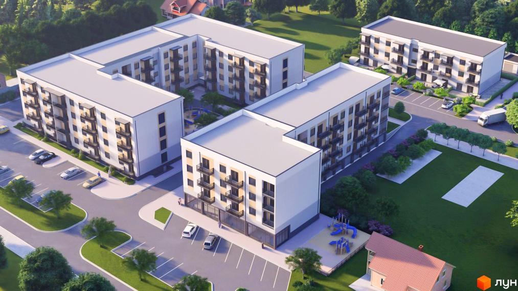 Зовнішній вигляд житлового комплексу Садовий з багаторівневими балконами та парковкою. На прибудинковій території розташовані дитячий майданчик та зелені насадження.