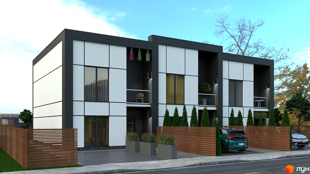 Зображення Таунхаусів Hygge: двоповерхові будинки з темними фасадами, білими панелями та балконами, оточені дерев'яним парканом та зеленню.