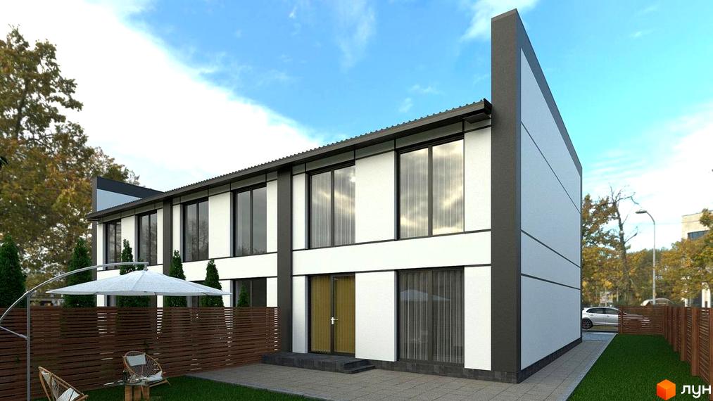 Зображення таунхаусів Hygge. Двоповерхові будинки з великими вікнами та темними рамами, перед будинками зелений газон.