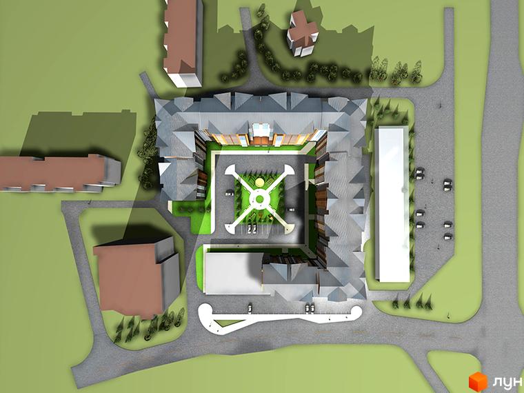 Житловий комплекс Лемківський: вид зверху на будівлю з внутрішнім двором та прибудинковою територією з парковкою та зеленими насадженнями.