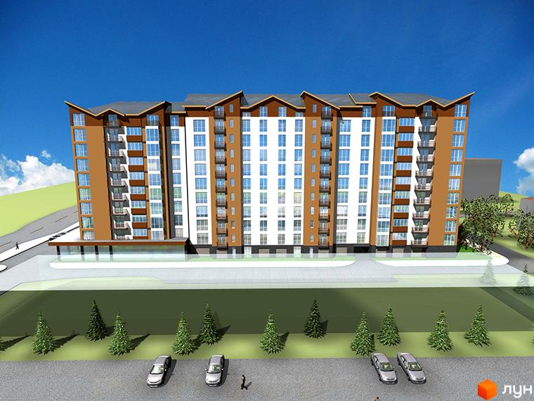 Зображення фасаду та прибудинкової території Житлового комплексу Лемківський. Багатоповерхівка з балконами та паркінгом.