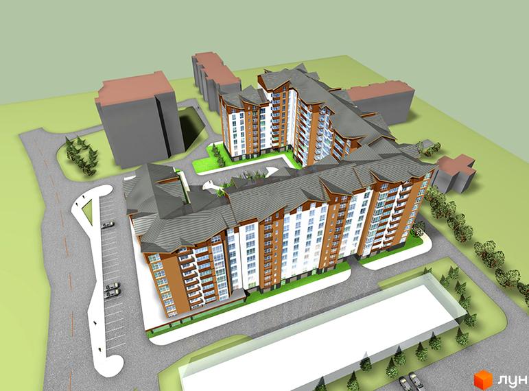 Зображення Житлового комплексу Лемківський: багатоповерховий будинок з сірим дахом та коричневими балконами. Навколо зелена територія, парковка та дорога.