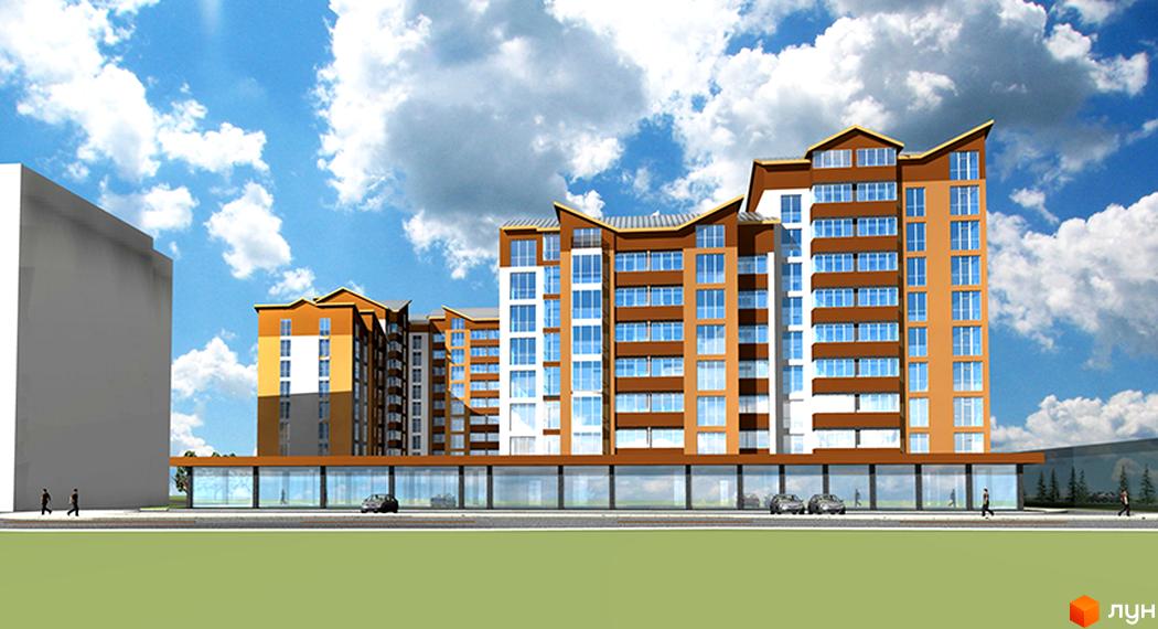 Зображення Житлового комплексу Лемківський. Багатоповерховий будинок з великими вікнами та коричневими вставками, перед будинком дорога.