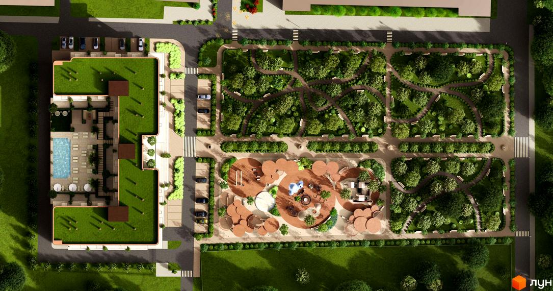 Житловий комплекс ЛАЙТ ПАРК з зеленим дахом, басейном та зоною відпочинку. На прибудинковій території розташований парк з доріжками та дитячий майданчик.