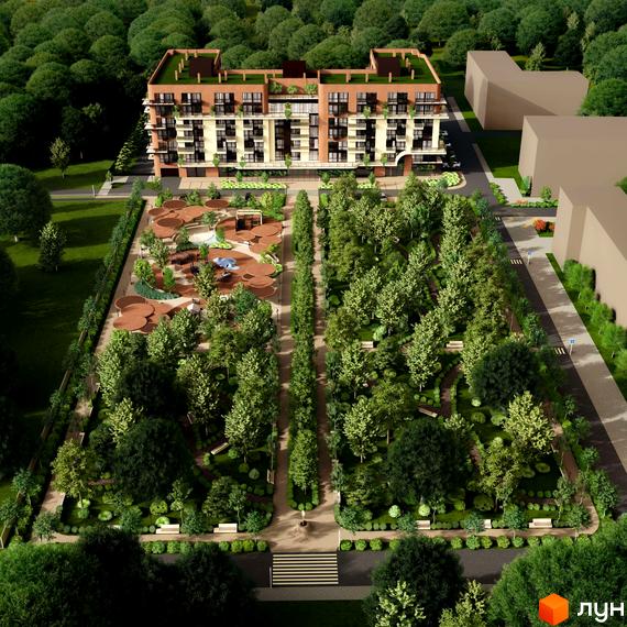 Житловий комплекс ЛАЙТ ПАРК з цегляним фасадом та зеленим двориком з дитячим майданчиком та зонами відпочинку.