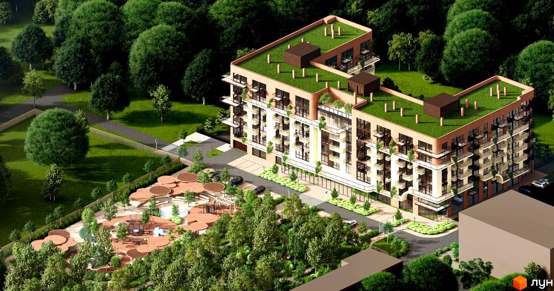 Житловий комплекс ЛАЙТ ПАРК: багатоквартирний будинок з зеленим дахом, оточений парком та дитячим майданчиком.