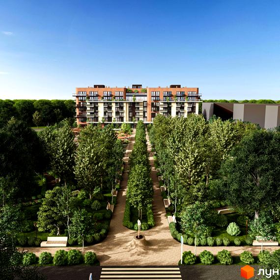 Житловий комплекс ЛАЙТ ПАРК з цегляним фасадом та балконами, оточений зеленим парком з алеями та лавками.