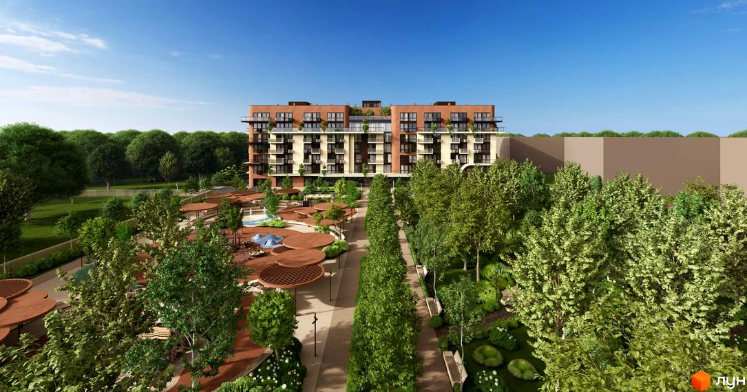 Житловий комплекс ЛАЙТ ПАРК: багатоповерхова будівля з коричневим та світлим фасадом, балконами. Прибудинкова територія озеленена деревами, доріжками та зонами відпочинку.