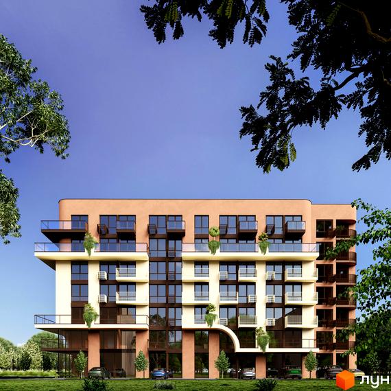 Житловий комплекс ЛАЙТ ПАРК з бежевим фасадом та скляними балконами, оточений зеленими насадженнями та блакитним небом.