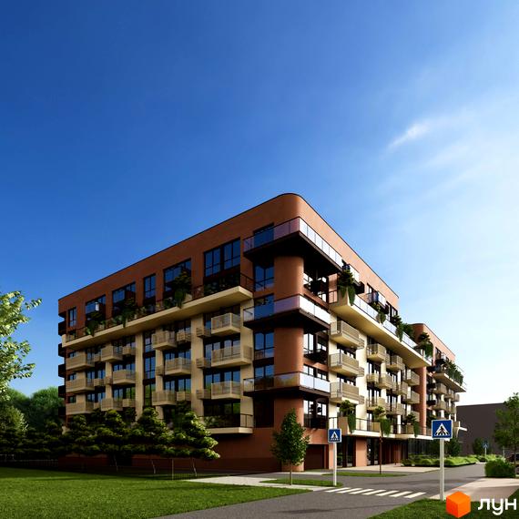 Житловий комплекс ЛАЙТ ПАРК - це багатоповерховий будинок з балконами та великими вікнами, розташований біля зеленої зони з деревами та газоном.