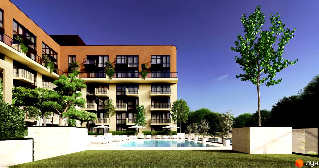 Житловий комплекс ЛАЙТ ПАРК: багатоповерхова будівля з коричневим та бежевим фасадом, балконами. Прибудинкова територія має басейн, зелений газон та дерева.