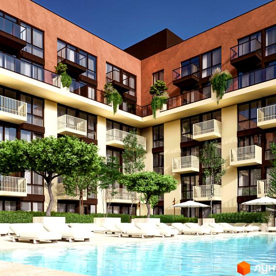 Житловий комплекс ЛАЙТ ПАРК з фасадами бежевого та коричневого кольорів, балконами та внутрішнім двором з басейном.