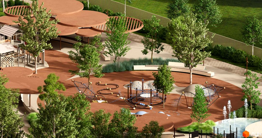 Житловий комплекс ЛАЙТ ПАРК: дитячий майданчик з гірками, гойдалками та ігровими елементами на фоні зелених дерев та фонтанів.