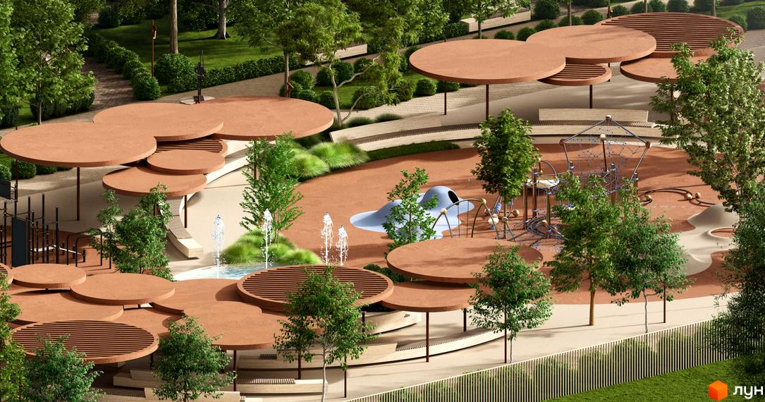 Дитячий майданчик з оригінальними навісами та фонтанами в ЖК ЛАЙТ ПАРК. Територія комплексу озеленена деревами та кущами.