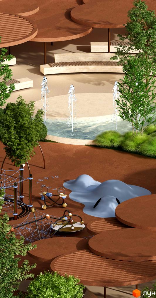 Сучасний дитячий майданчик з фонтанами та зонами відпочинку у ЖК ЛАЙТ ПАРК. Зелені насадження та коричневі елементи дизайну створюють затишну атмосферу.