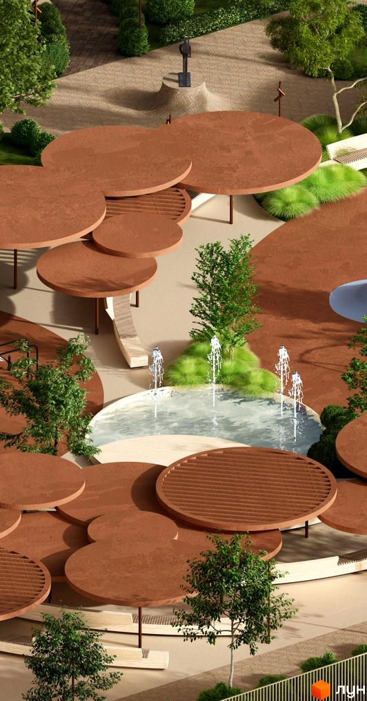 Сучасний житловий комплекс ЛАЙТ ПАРК з круглими навісами та фонтанами на території. Затишна прибудинкова територія з деревами та зеленими зонами.