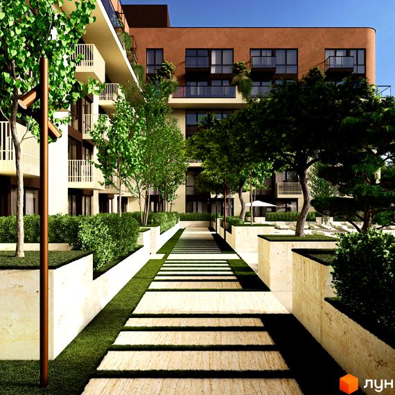 Житловий комплекс ЛАЙТ ПАРК з фасадом з цегли та балконами, що виходять на доглянуту прибудинкову територію з доріжками та зеленню.