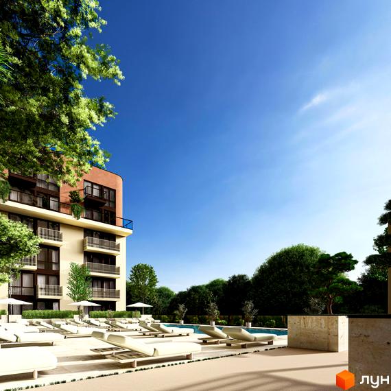 Житловий комплекс ЛАЙТ ПАРК: багатоповерховий будинок з балконами та комбінованим фасадом. Прибудинкова територія з басейном, шезлонгами та деревами.