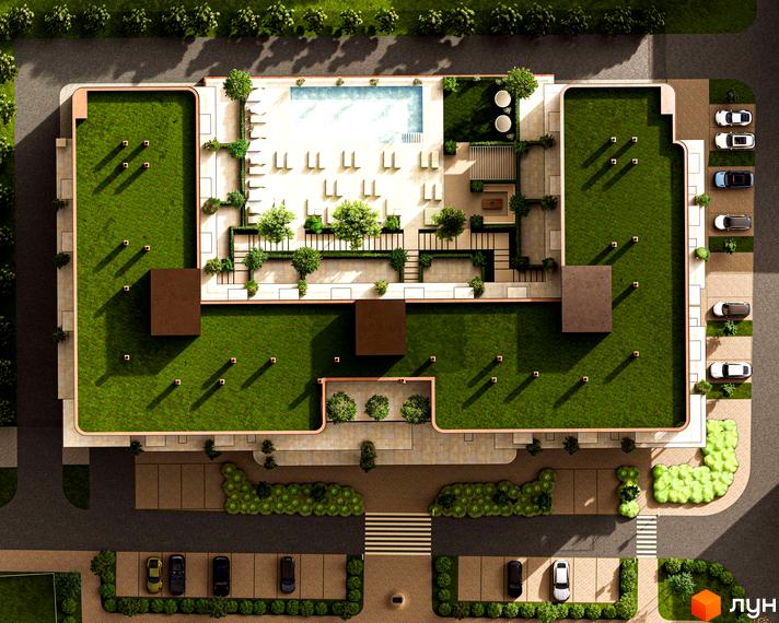Житловий комплекс ЛАЙТ ПАРК з великими зеленими дахами та прибудинковою територією, що включає басейн, зони відпочинку та паркінг.