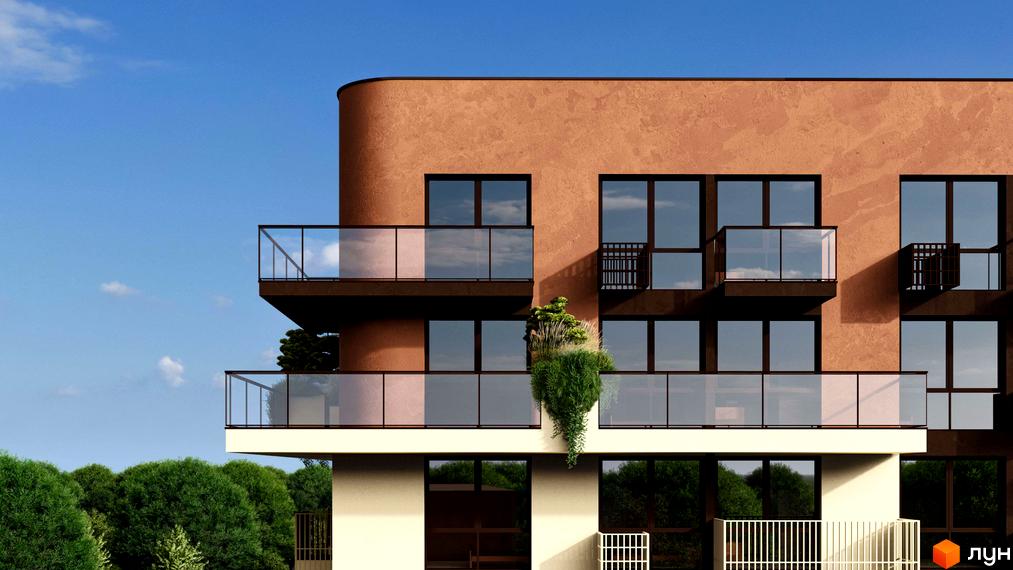 Будинок житлового комплексу ЛАЙТ ПАРК з балконами та великими вікнами на тлі блакитного неба та зелених дерев. Навколо новобудови розташована доглянута прибудинкова територія.