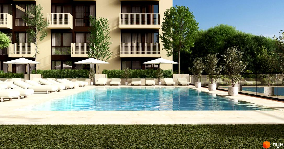 Будинок житлового комплексу ЛАЙТ ПАРК з басейном та зоною відпочинку. Сучасна архітектура та доглянута територія для комфортного життя.